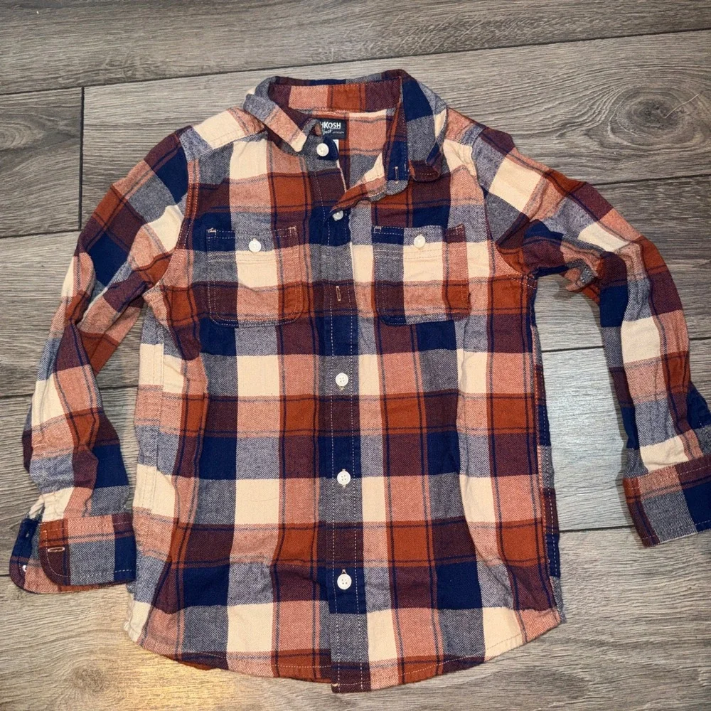 OshKosh Bgosh Boys Plaid Flannel Shirt Navy Orange Herringbone Size 8 8A